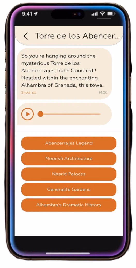 Aplicación Herodot AI mostrando información sobre la Torre de los Abencerrajes
